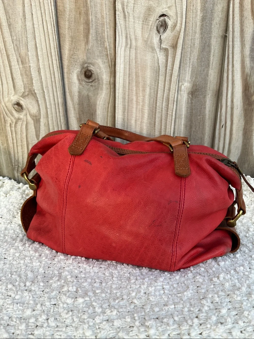 Red Leather Satchel Bag with Brown Handles
